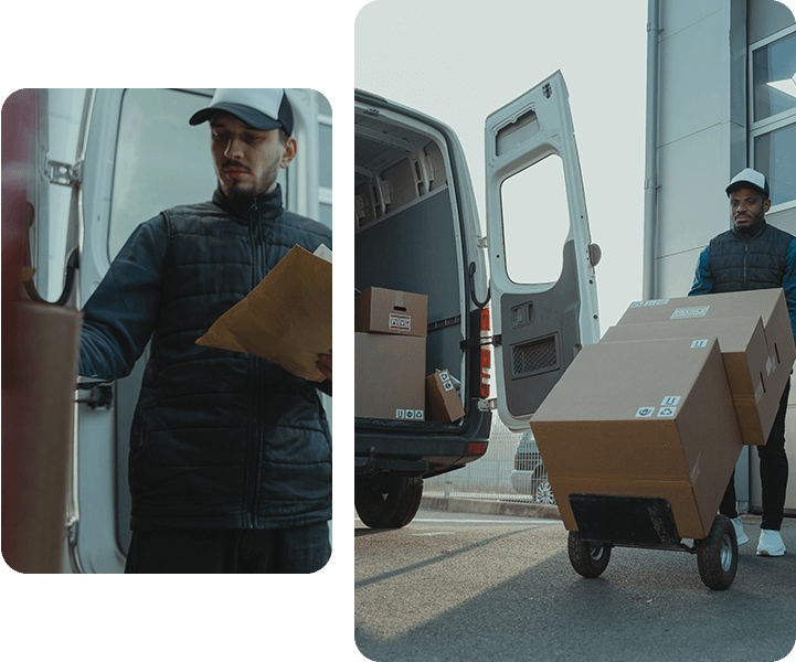 Photo collage of men exporting the couriers to