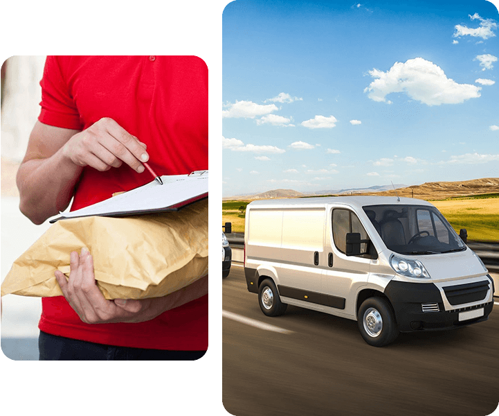 Photo collage of a man checking the courier and a travelling van