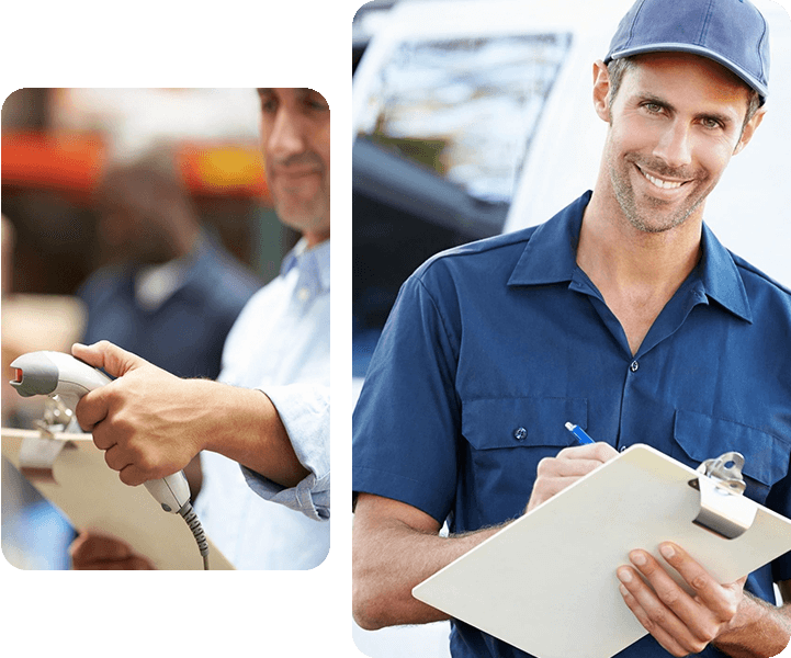 Photo collage of a man scans the code and a delivery boy