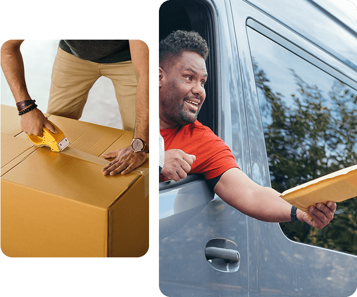 Photo collage of a packing and man giving courier